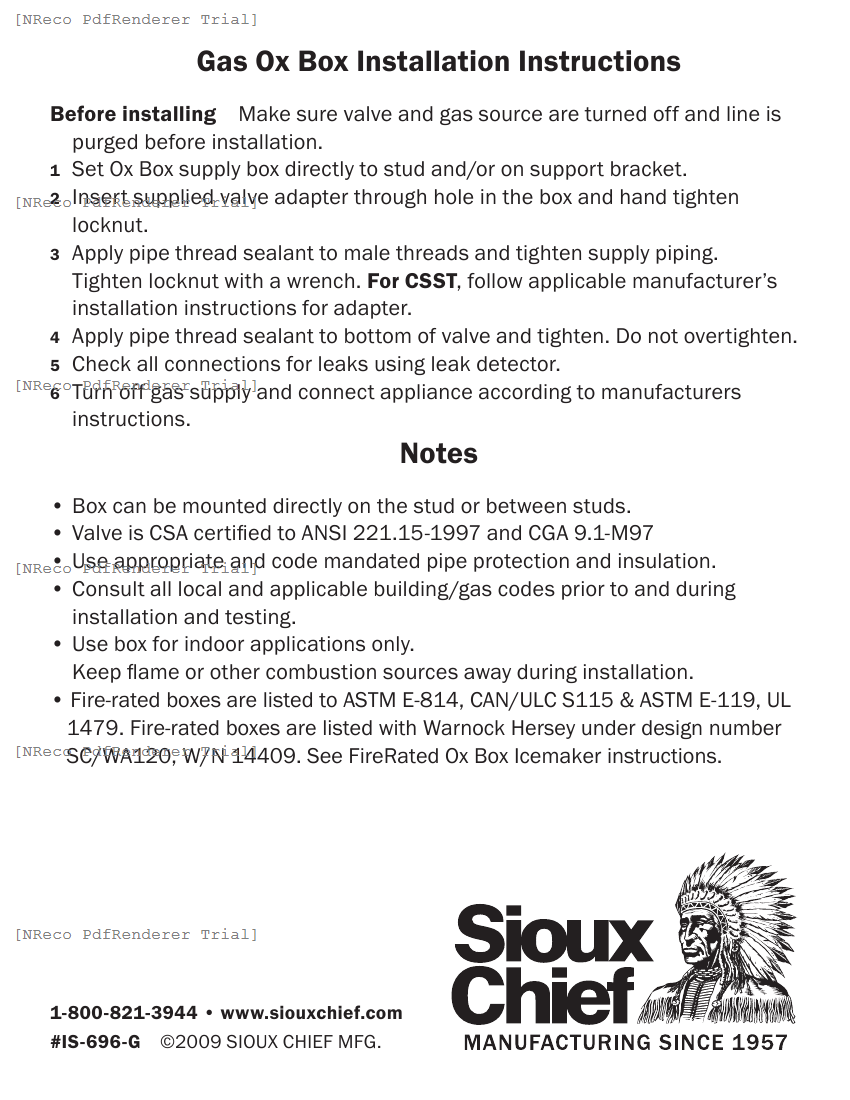 696 SERIES - OXBOX GAS OUTLET BOX -  INSTRUCTION SHEET.PDF Technical Document